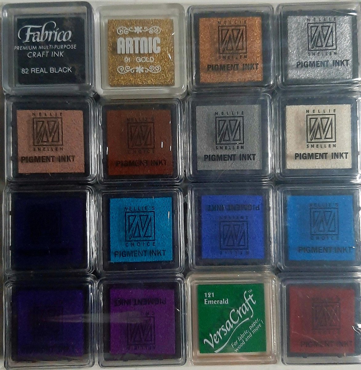 set 16 mini stempelkussens home - set inktkussens - pigment inkt - 16x inktkussen - goud zilver zwart wit koper en basiskleuren - 3x3 stempelkussen